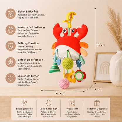 Krabben-Aktivitätsspielzeug für Babys mit Zugschnur, Rassel & Beißring