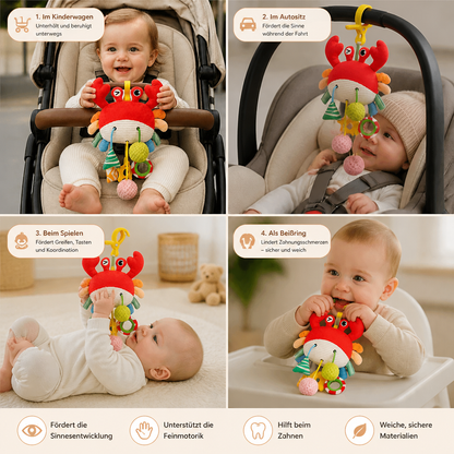 Krabben-Aktivitätsspielzeug für Babys mit Zugschnur, Rassel & Beißring