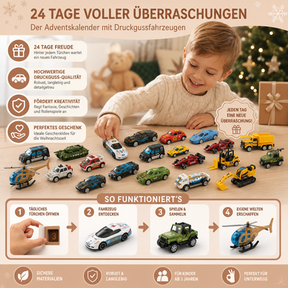 Weihnachts-Adventskalender mit Druckgussautos für Kinder