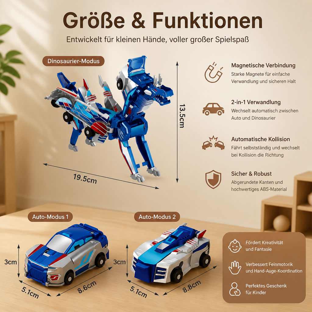 2-in-1 Magnetisches Verwandlungsauto & Dinosaurier-Spielzeug mit automatischer Kollisionsfunktion