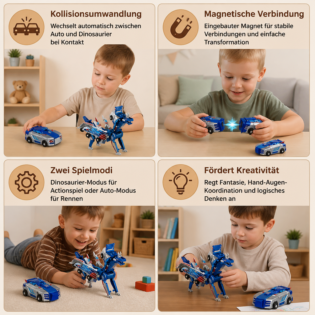 2-in-1 Magnetisches Verwandlungsauto & Dinosaurier-Spielzeug mit automatischer Kollisionsfunktion