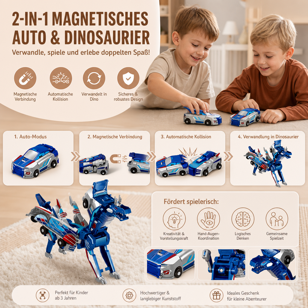 2-in-1 Magnetisches Verwandlungsauto & Dinosaurier-Spielzeug mit automatischer Kollisionsfunktion