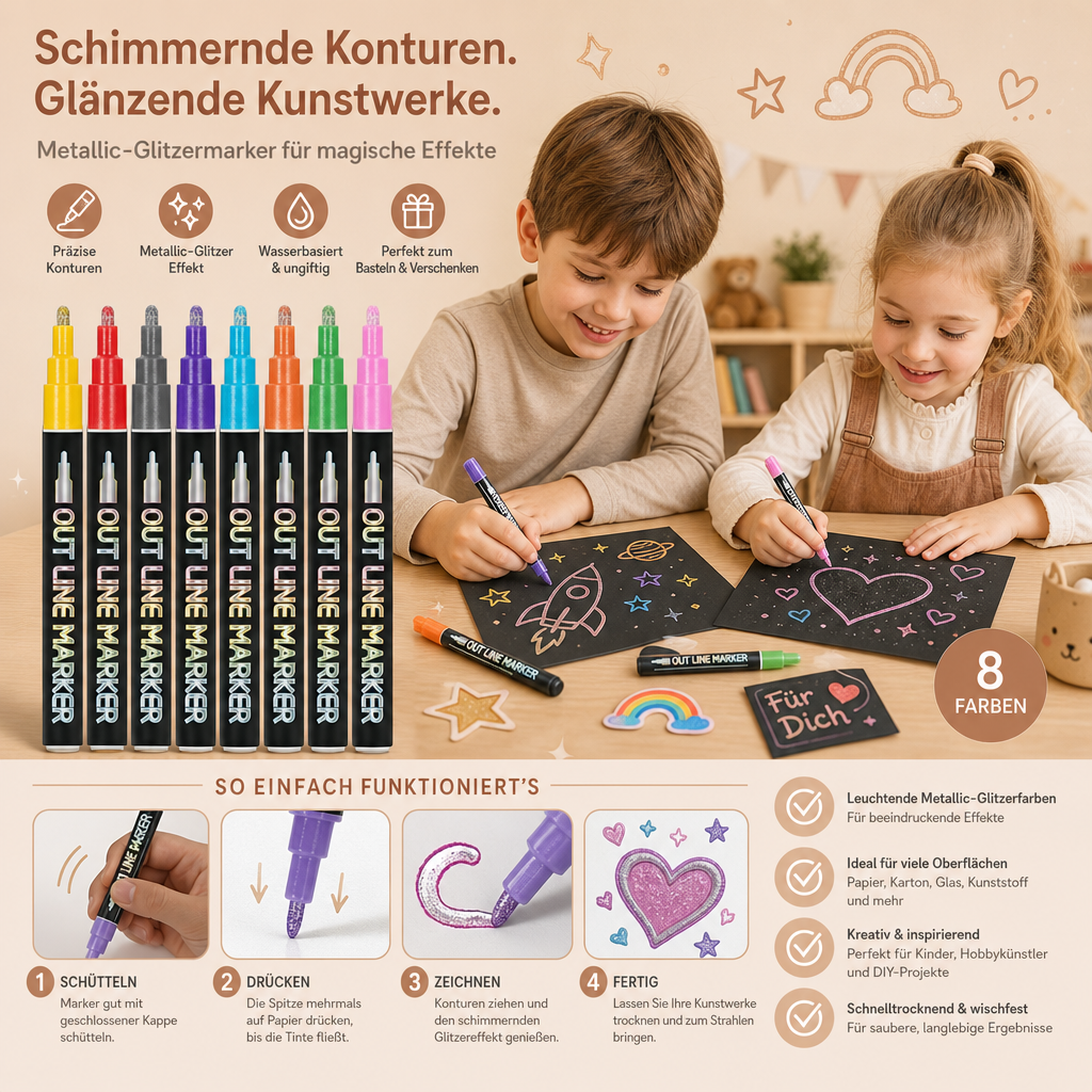 Schimmernde Konturen- & Metallic-Glitzermarker im Set