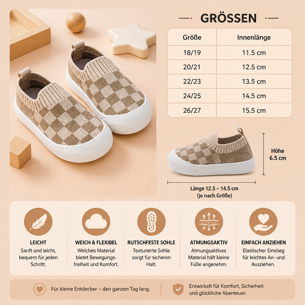 Leichte karierte Lauflernschuhe für Babys mit weichen rutschfesten Sohlen