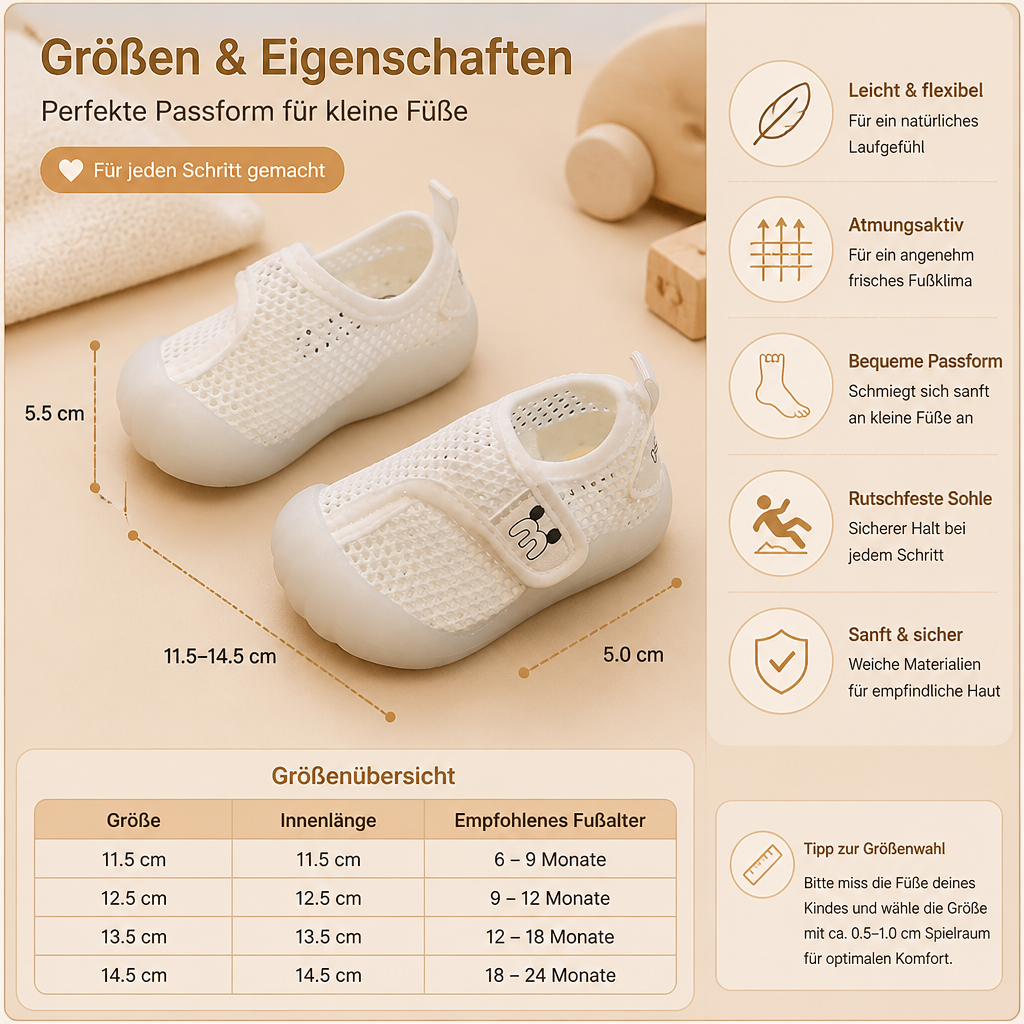 Bequeme Babyschuhe mit weichen, rutschfesten Sohlen