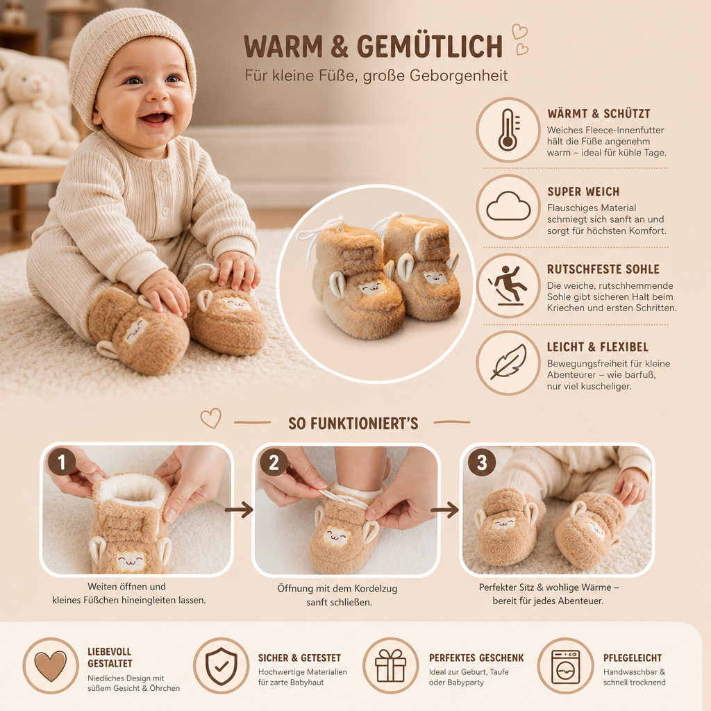 Warme & gemütliche Baby-Booties mit Fleecefutter und weichen rutschfesten Sohlen