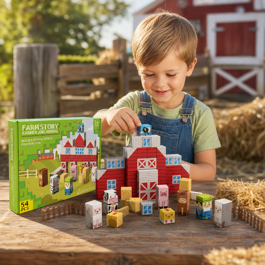 Magnetisches Bauernhof-Baustein-Reisespielset mit Tieren & Scheune