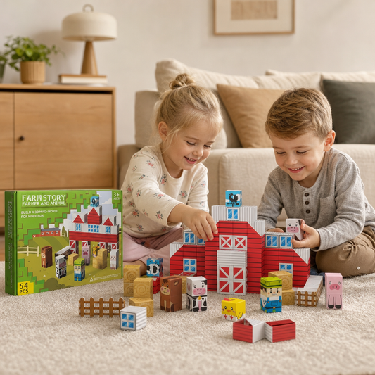 Magnetisches Bauernhof-Baustein-Reisespielset mit Tieren & Scheune
