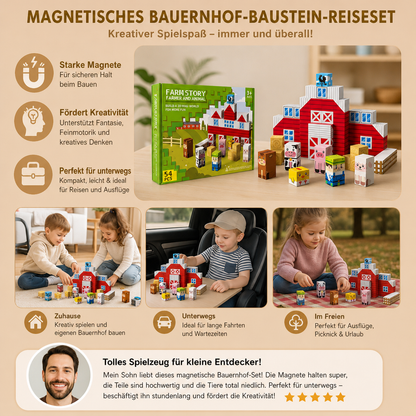 Magnetisches Bauernhof-Baustein-Reisespielset mit Tieren & Scheune