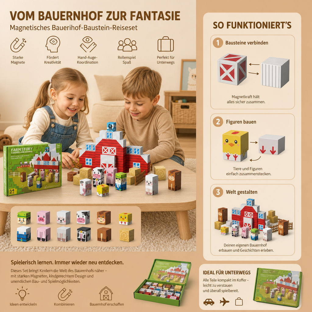 Magnetisches Bauernhof-Baustein-Reisespielset mit Tieren & Scheune