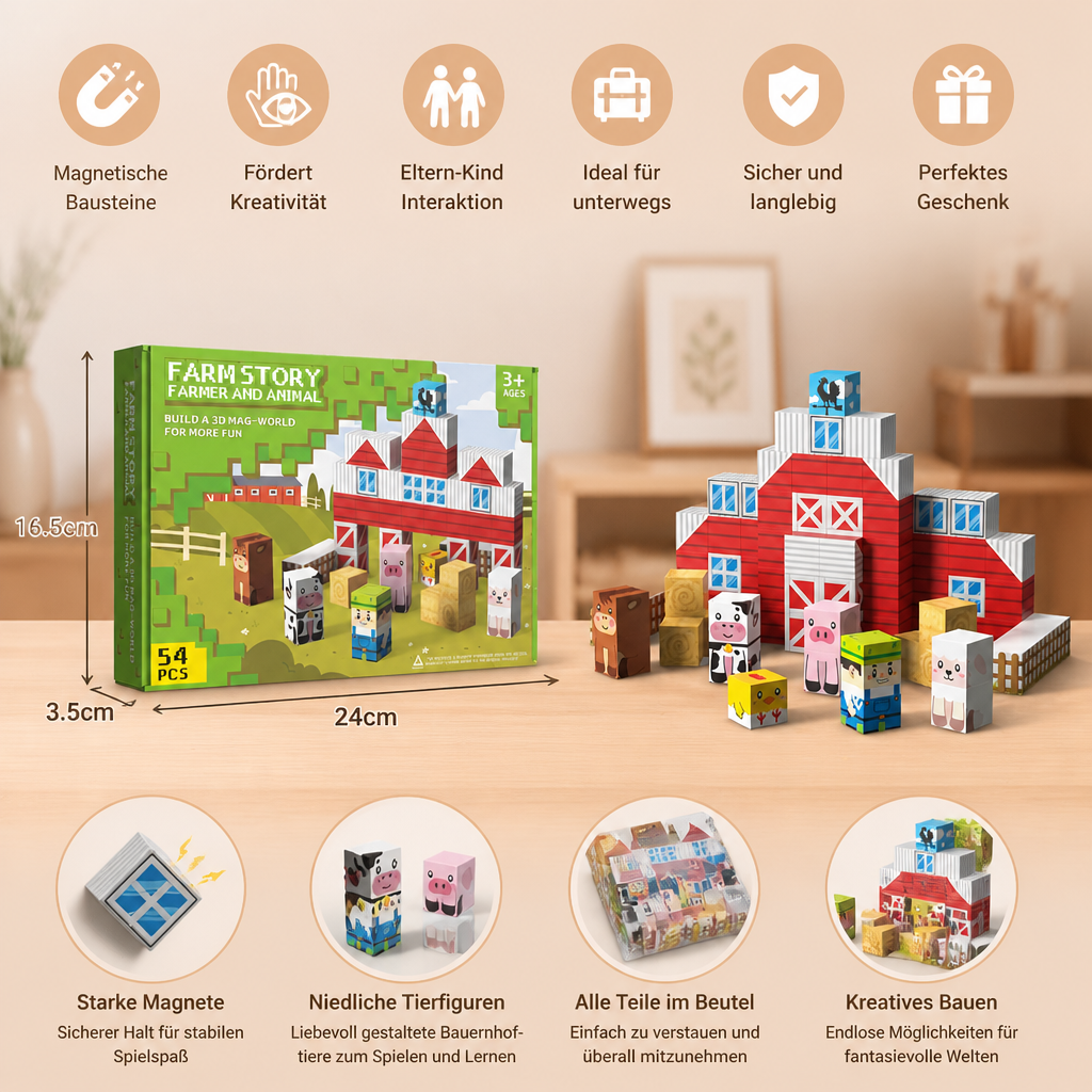 Magnetisches Bauernhof-Baustein-Reisespielset mit Tieren & Scheune