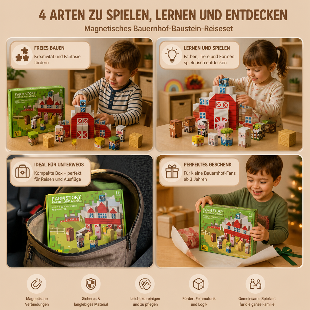 Magnetisches Bauernhof-Baustein-Reisespielset mit Tieren & Scheune