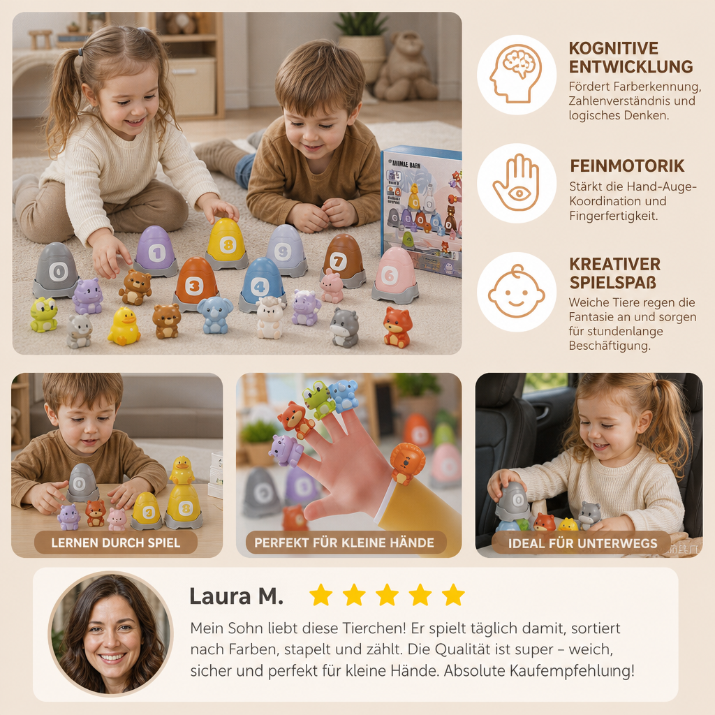 Montessori-Fingerpuppen-Set aus weichem Gummi mit Bauernhoftieren zum Farben-Sortieren & Zahlenlernen