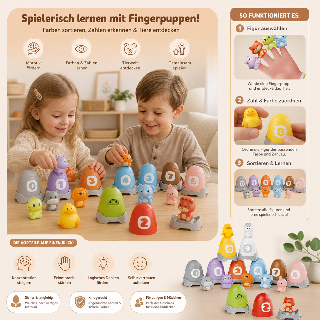 Montessori-Fingerpuppen-Set aus weichem Gummi mit Bauernhoftieren zum Farben-Sortieren & Zahlenlernen