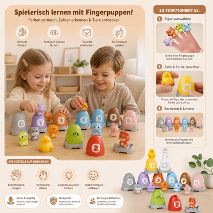 Montessori-Fingerpuppen-Set aus weichem Gummi mit Bauernhoftieren zum Farben-Sortieren & Zahlenlernen