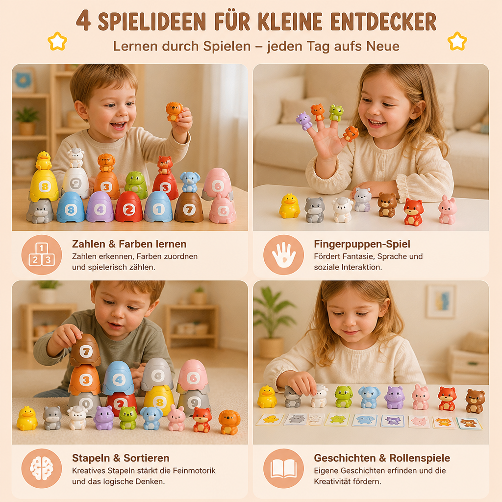 Montessori-Fingerpuppen-Set aus weichem Gummi mit Bauernhoftieren zum Farben-Sortieren & Zahlenlernen