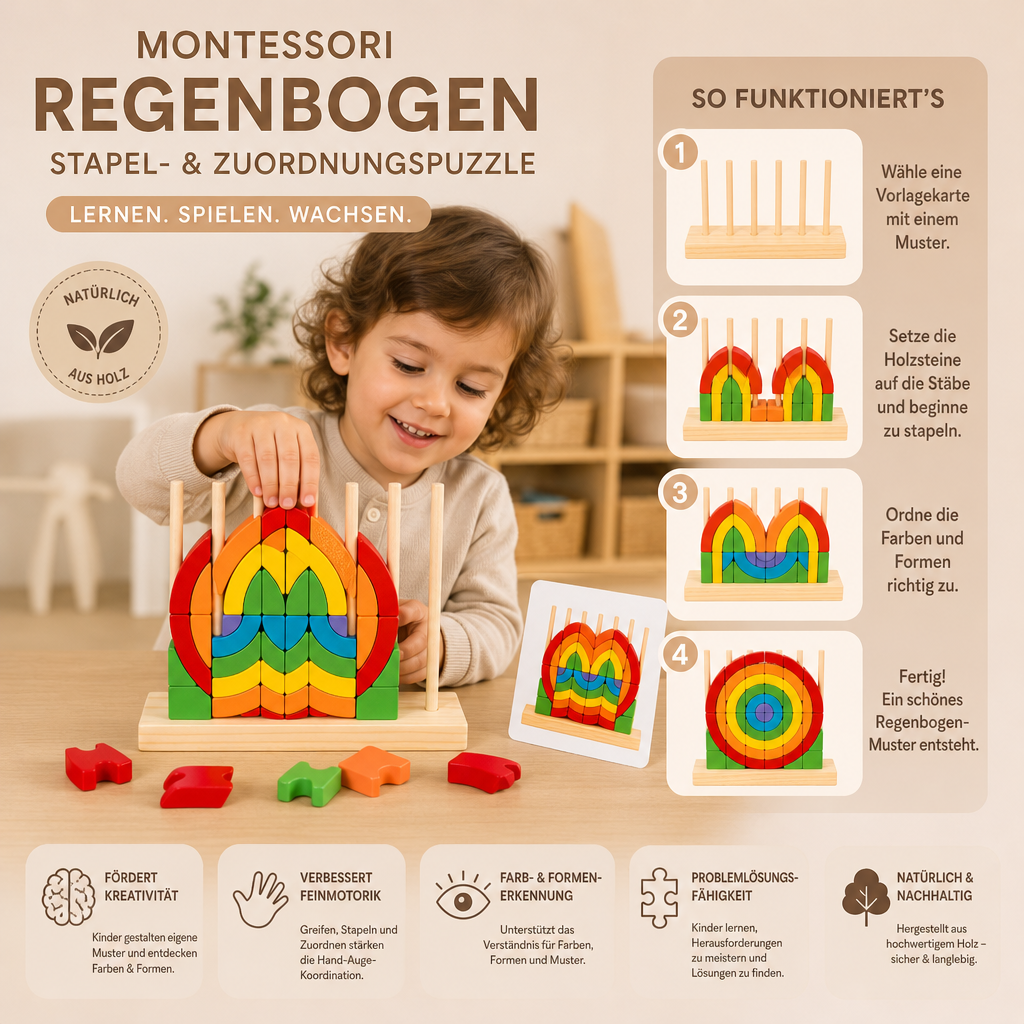Montessori Holz-Regenbogen Stapel- & Zuordnungspuzzle