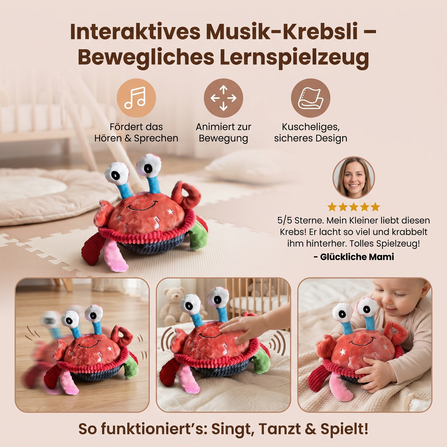 Interaktiver Musikalischer Krabbe mit Sprachfunktion – Bewegliches Lernspielzeug für Babys