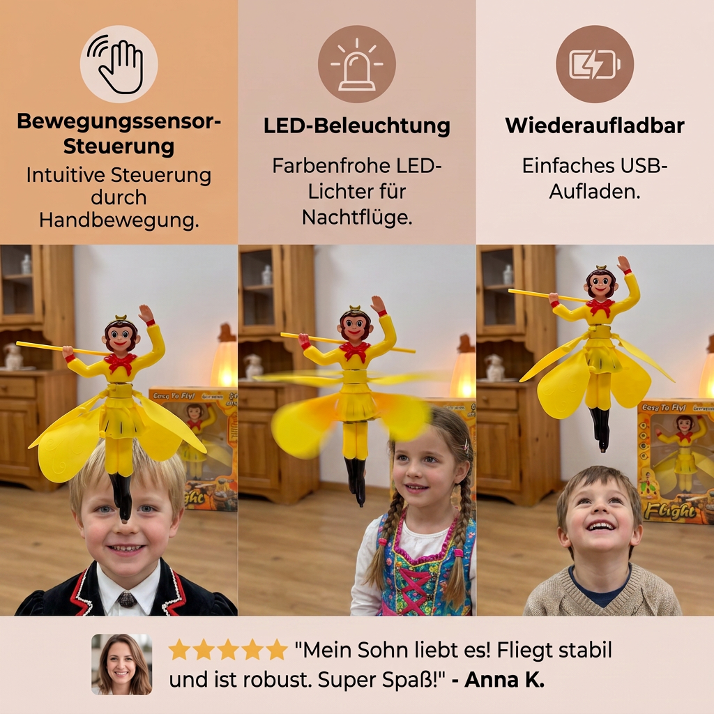 Interaktives fliegendes Affen-Spielzeug mit Bewegungssensor & LED-Lichtern