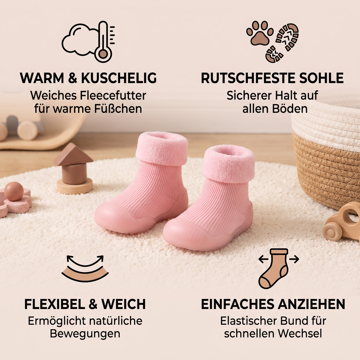 Warme Lauflern-Sockenschuhe für Babys mit weichen rutschfesten Sohlen