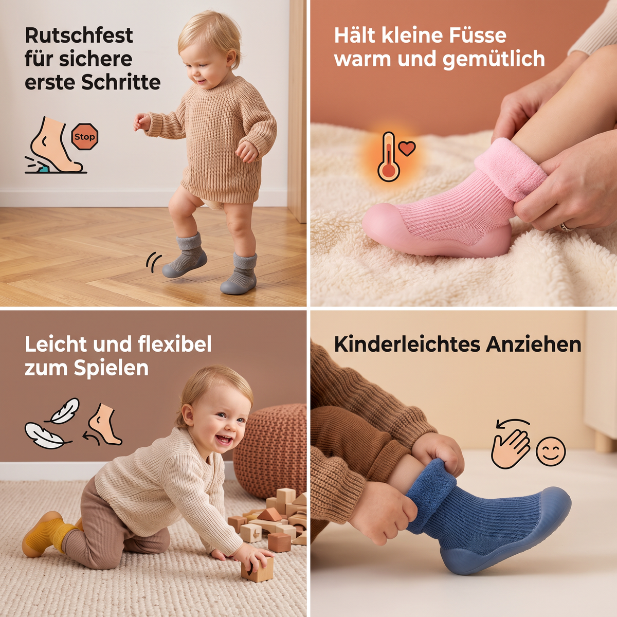 Warme Lauflern-Sockenschuhe für Babys mit weichen rutschfesten Sohlen