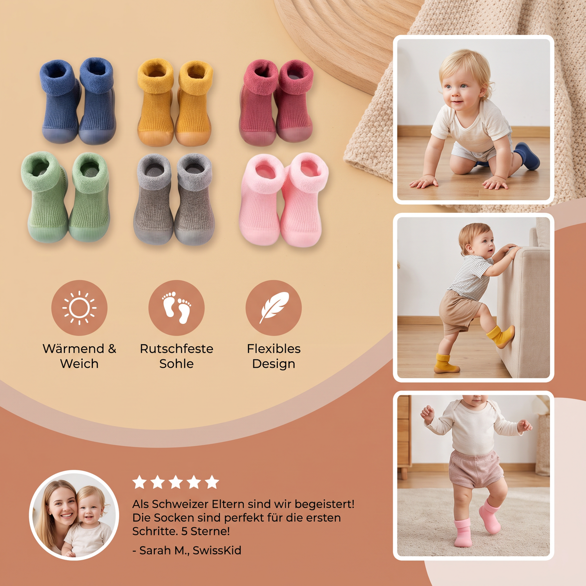 Warme Lauflern-Sockenschuhe für Babys mit weichen rutschfesten Sohlen