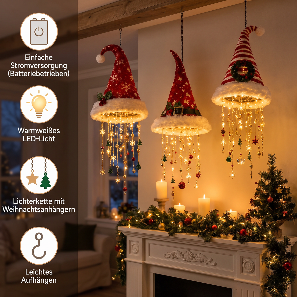 Weihnachtliche Weihnachtsmannmützen-Lichter mit LED-Lichterkette