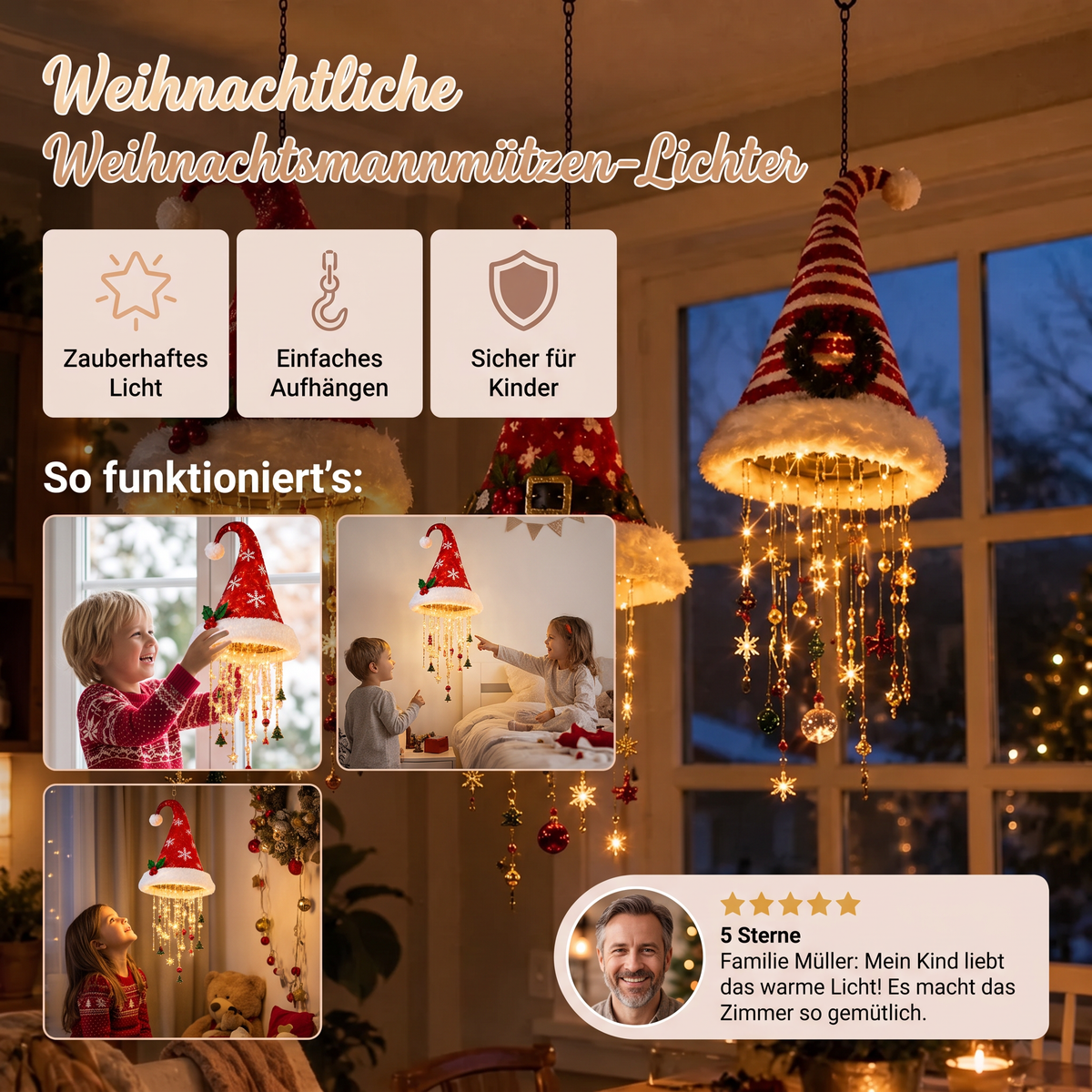 Weihnachtliche Weihnachtsmannmützen-Lichter mit LED-Lichterkette