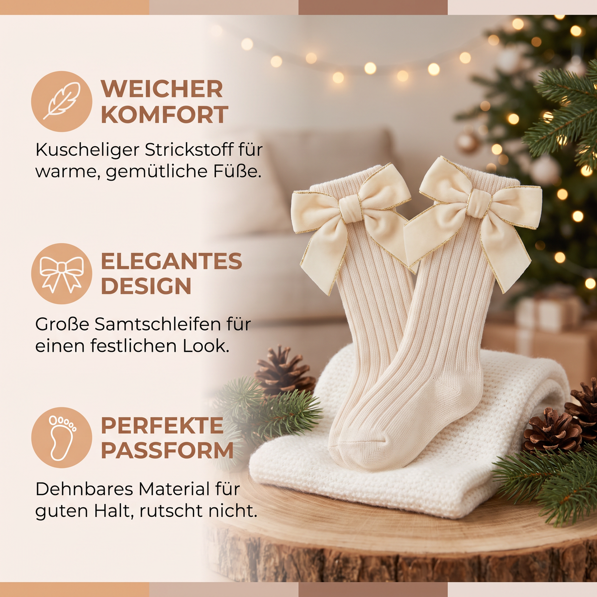 Weihnachtliche Kniestrümpfe für Baby-Mädchen mit Samtschleifen