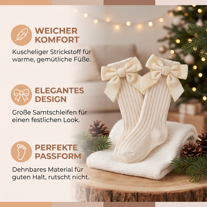 Weihnachtliche Kniestrümpfe für Baby-Mädchen mit Samtschleifen