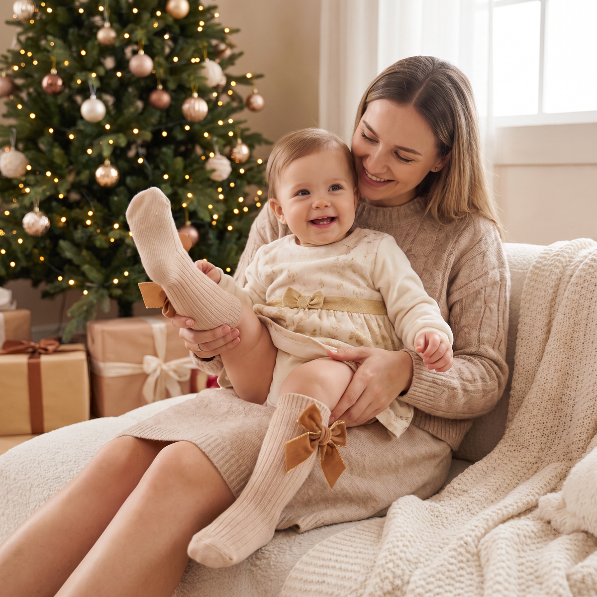 Weihnachtliche Kniestrümpfe für Baby-Mädchen mit Samtschleifen