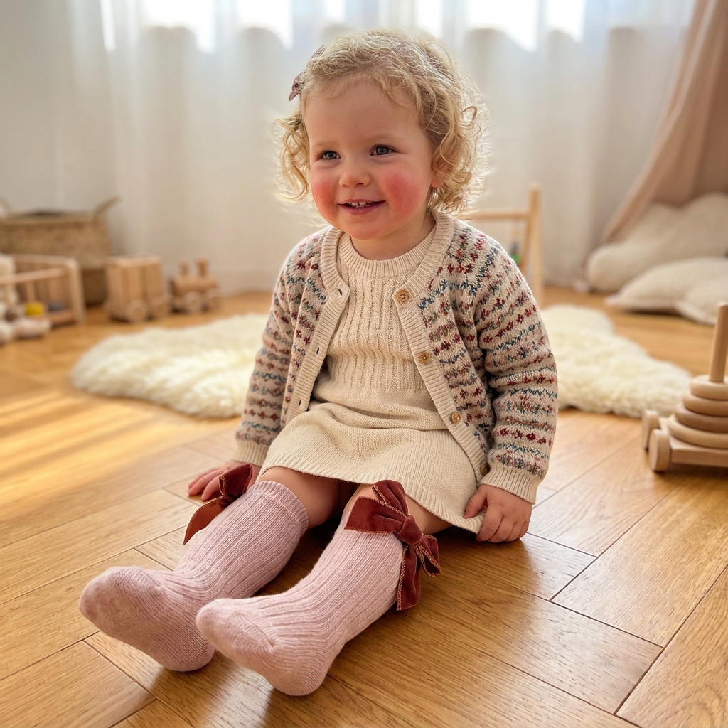 Weihnachtliche Kniestrümpfe für Baby-Mädchen mit Samtschleifen