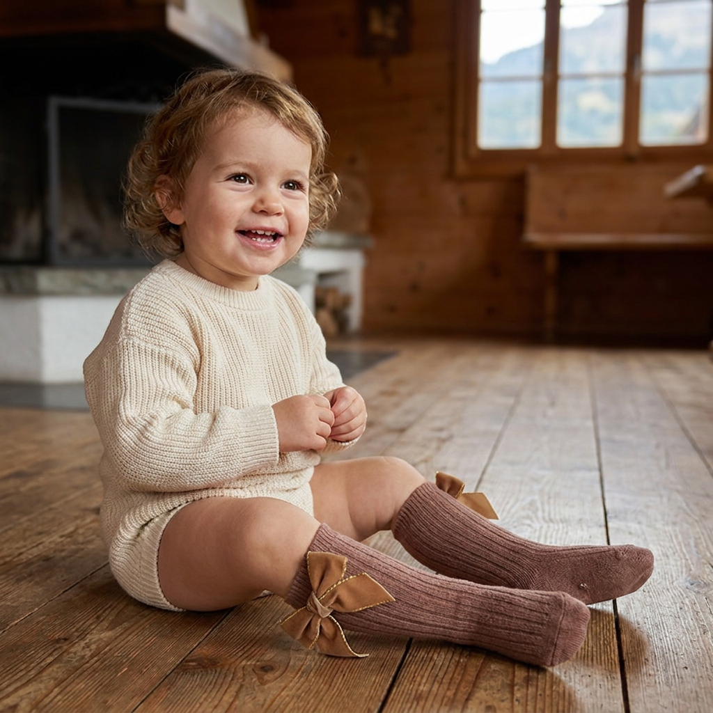 Weihnachtliche Kniestrümpfe für Baby-Mädchen mit Samtschleifen