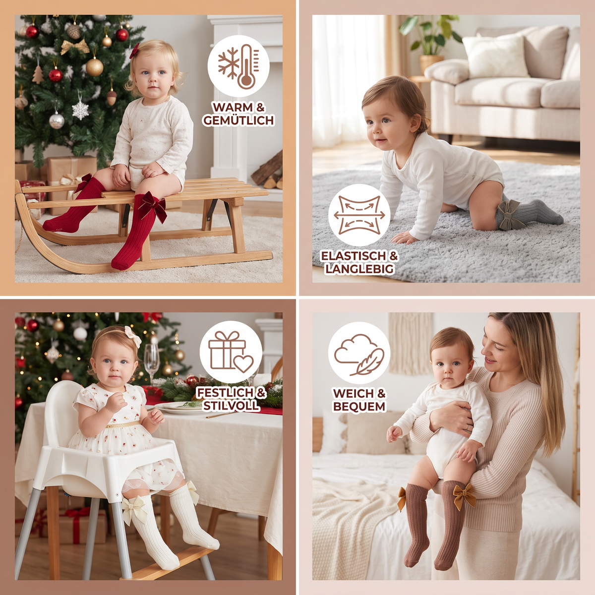 Weihnachtliche Kniestrümpfe für Baby-Mädchen mit Samtschleifen