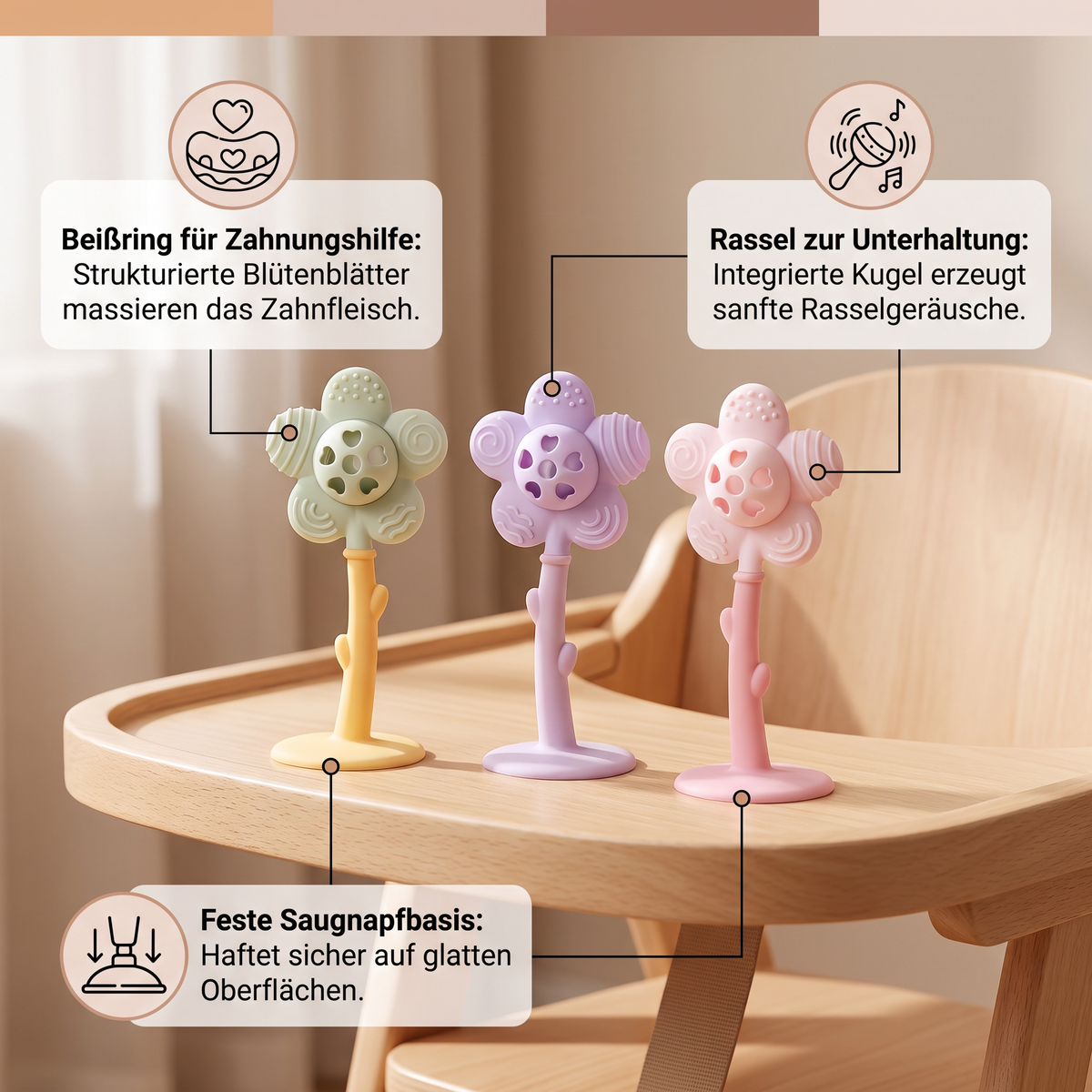 2-in-1 Sonnenblumen-Beißring & Rassel für Babys mit Saugnapfbasis