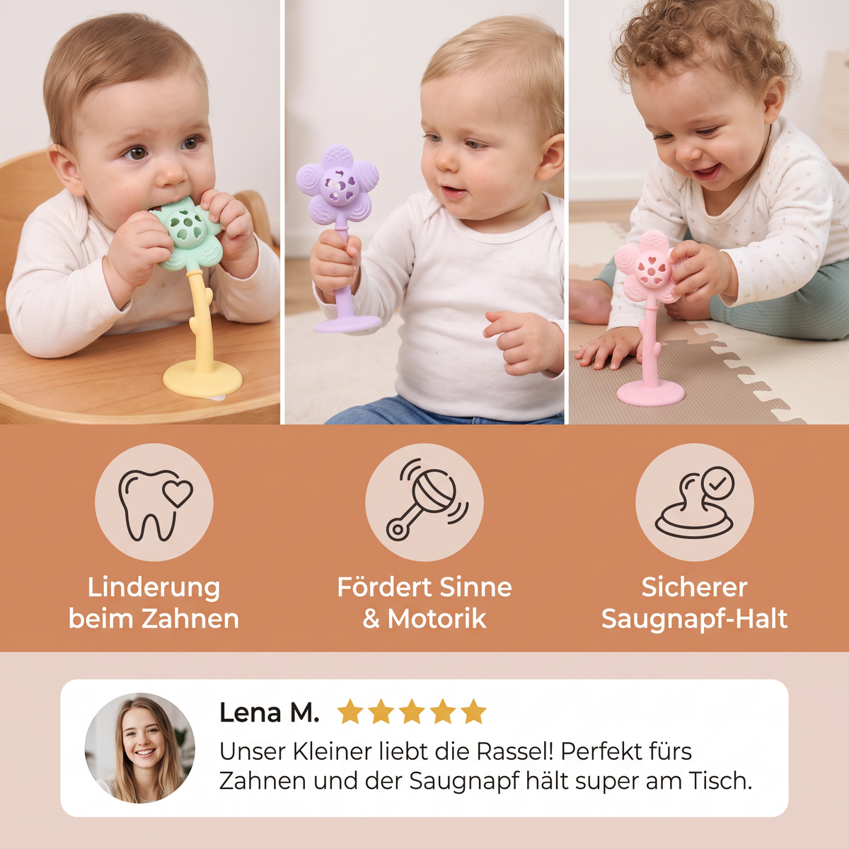 2-in-1 Sonnenblumen-Beißring & Rassel für Babys mit Saugnapfbasis