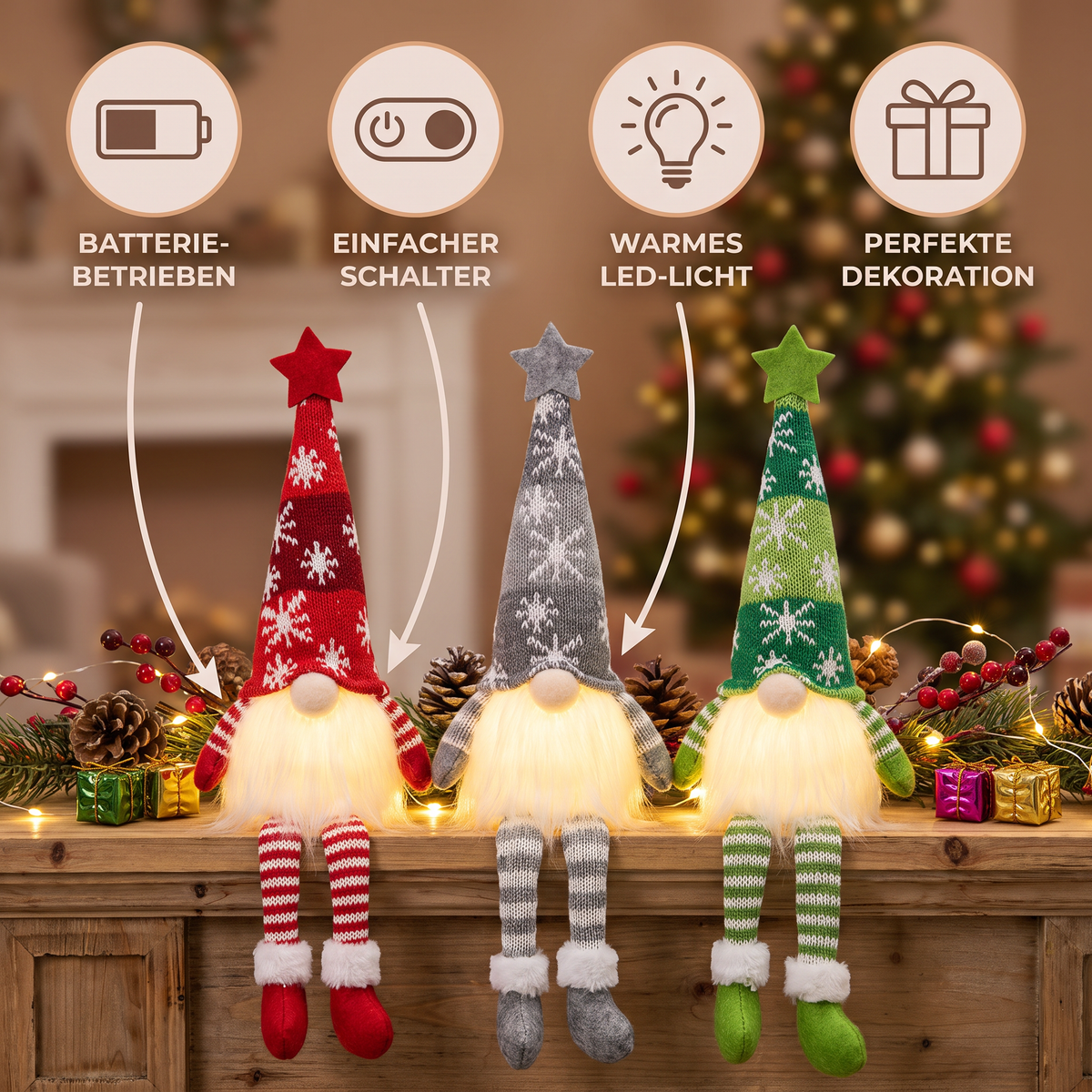 Leuchtende LED-Weihnachtswichtel-Dekorationen