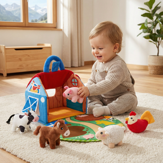 Bauernhof Plüschtier Spielset – Interaktives Lernspielzeug mit tragbarem Spielhaus
