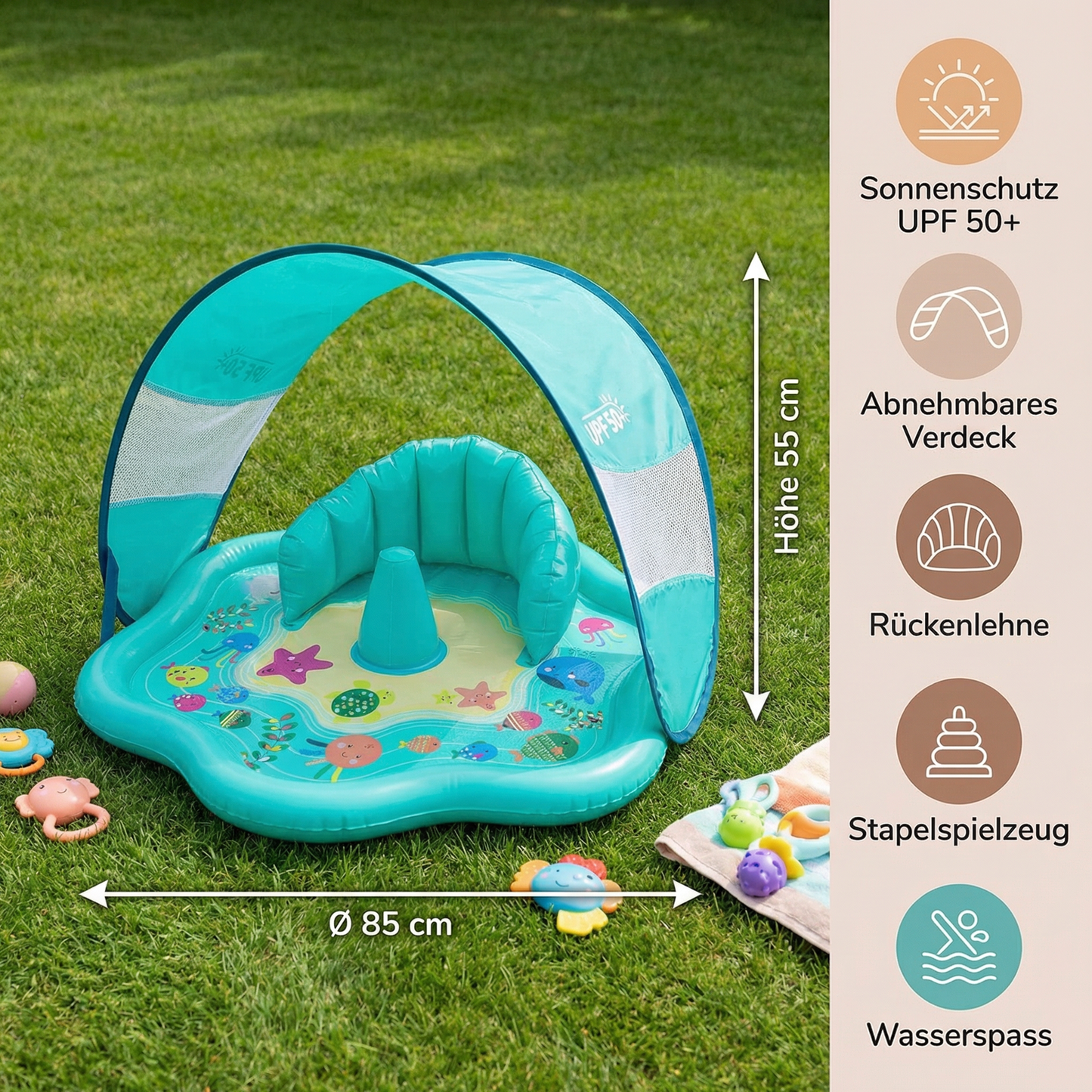 Aufblasbare Wasserspielmatte für Babys mit Sonnenschutz – Perfekt für den Sommer