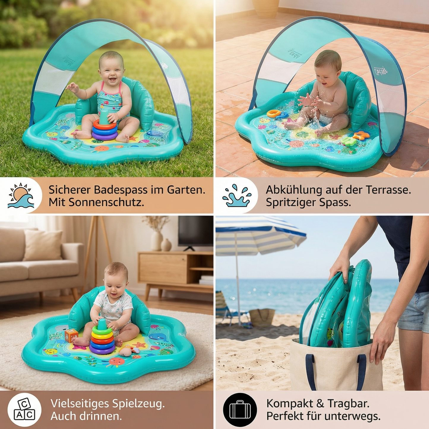 Aufblasbare Wasserspielmatte für Babys mit Sonnenschutz – Perfekt für den Sommer