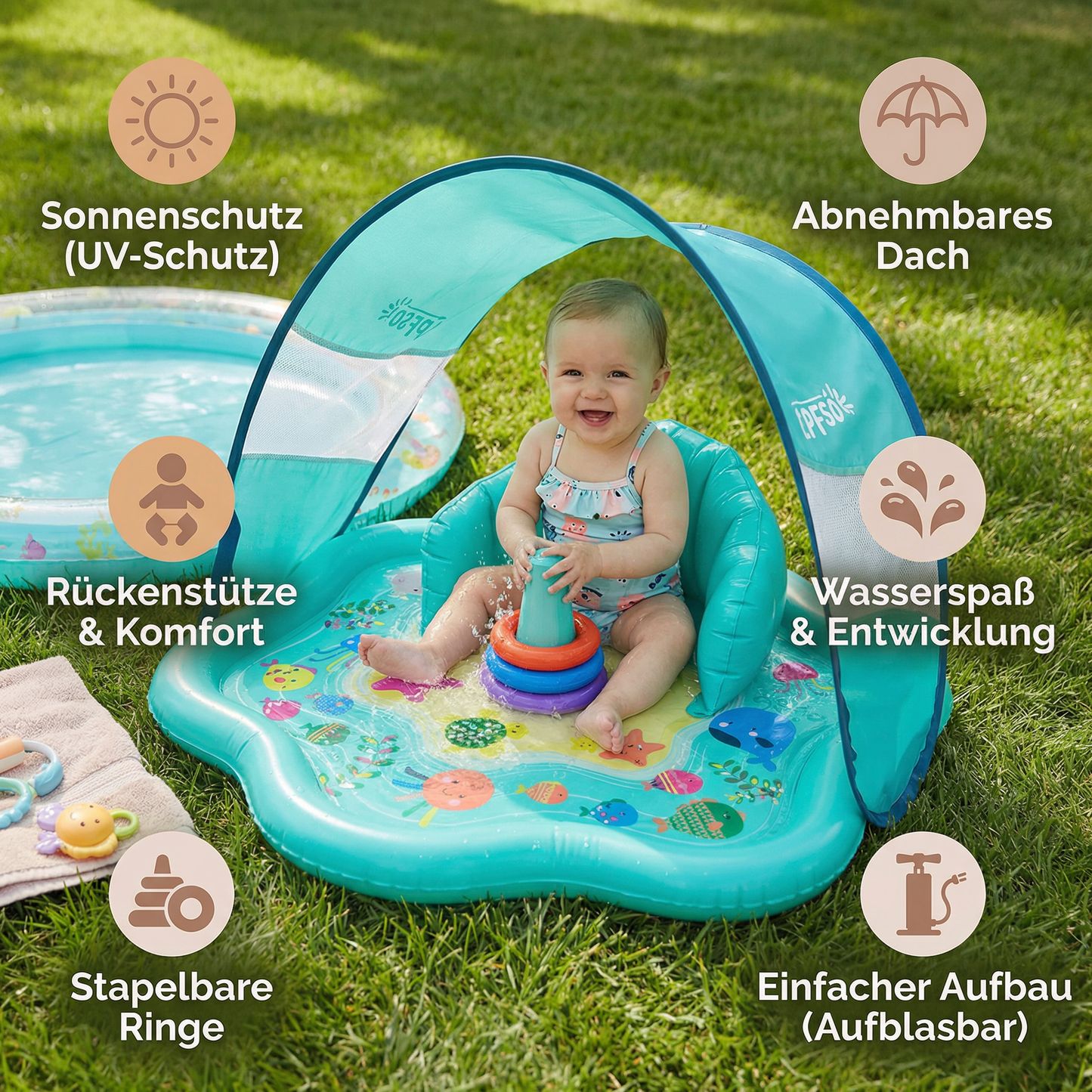 Aufblasbare Wasserspielmatte für Babys mit Sonnenschutz – Perfekt für den Sommer