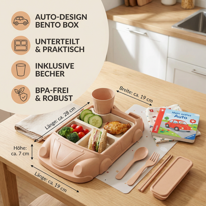 Kinder Bento Lunchbox im Auto-Design – Unterteilte Essensbox mit Becher