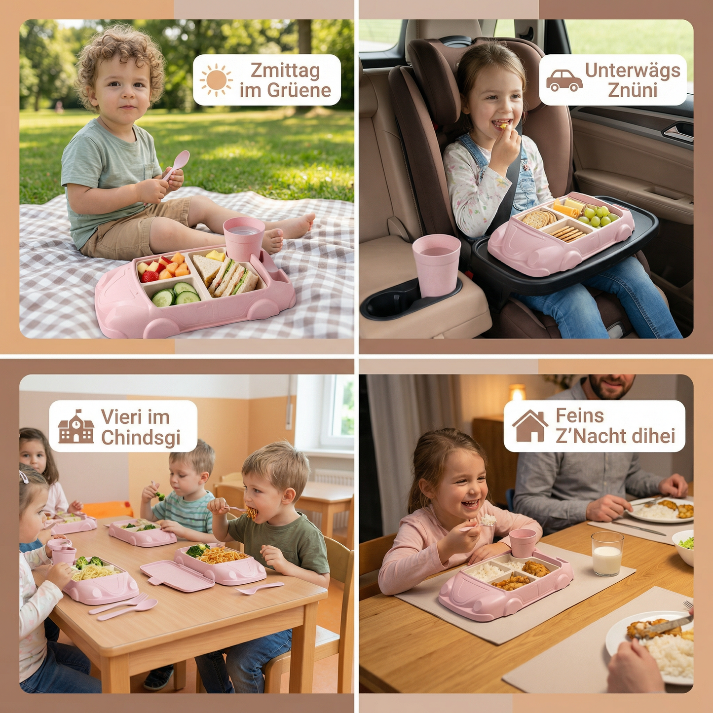 Kinder Bento Lunchbox im Auto-Design – Unterteilte Essensbox mit Becher