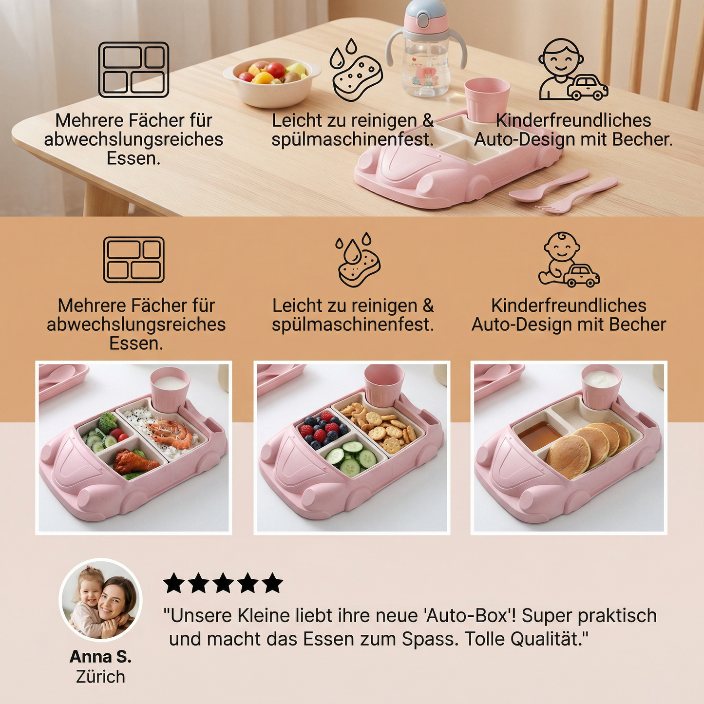 Kinder Bento Lunchbox im Auto-Design – Unterteilte Essensbox mit Becher