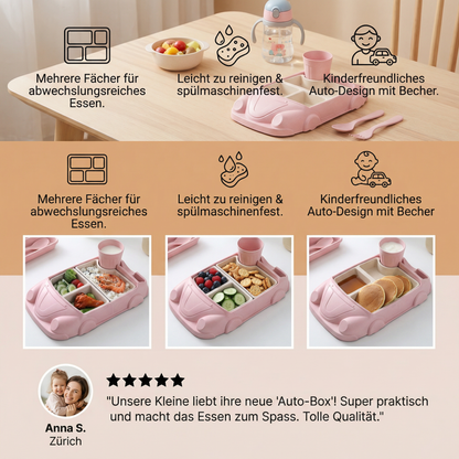 Kinder Bento Lunchbox im Auto-Design – Unterteilte Essensbox mit Becher