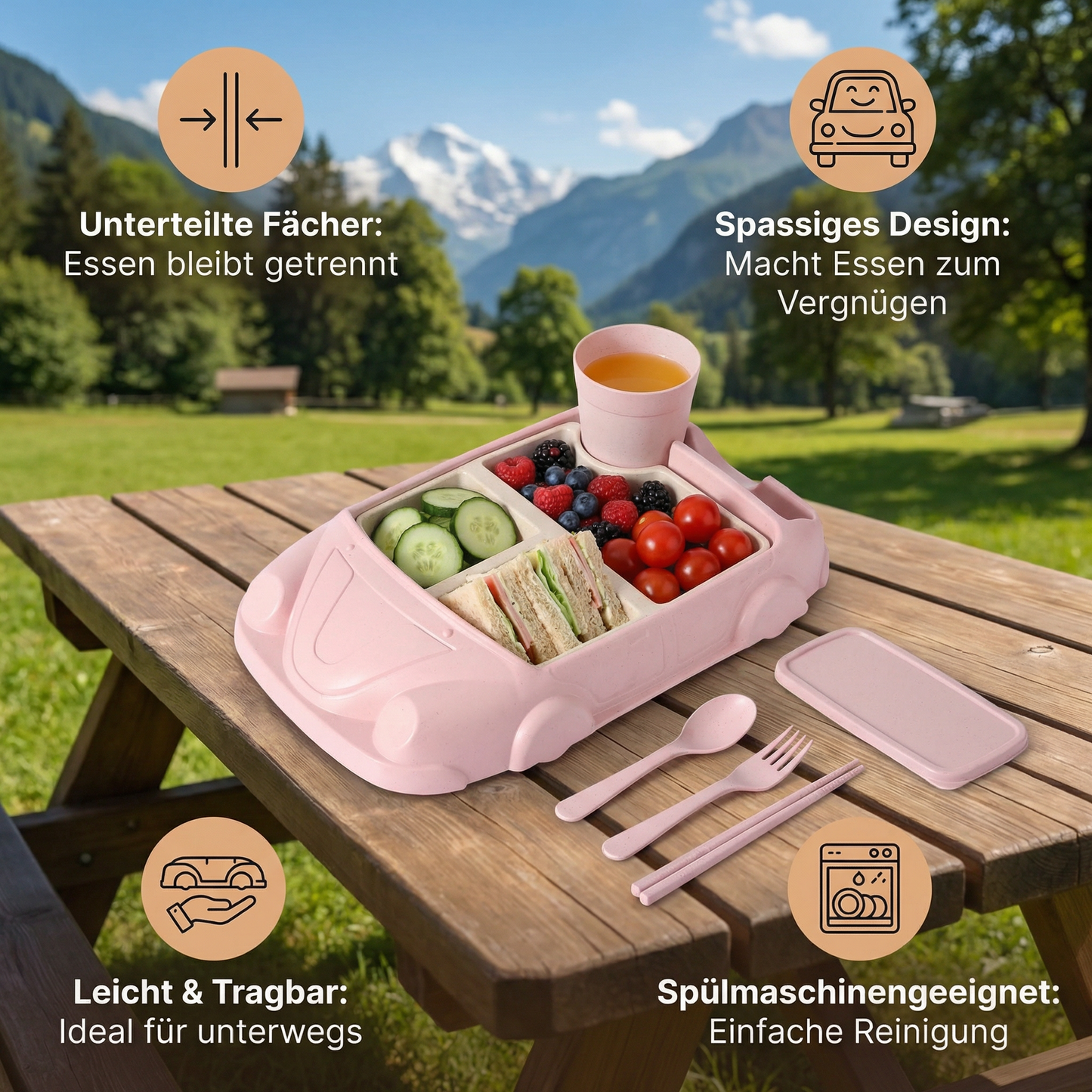 Kinder Bento Lunchbox im Auto-Design – Unterteilte Essensbox mit Becher