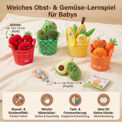 Weiches Obst- & Gemüse-Lernspiel für Babys – 4er Farb-Sortier-Set mit Rassel und Knistereffekt