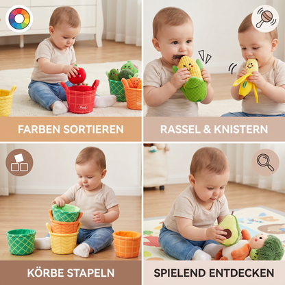 Weiches Obst- & Gemüse-Lernspiel für Babys – 4er Farb-Sortier-Set mit Rassel und Knistereffekt