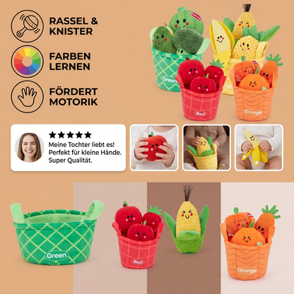 Weiches Obst- & Gemüse-Lernspiel für Babys – 4er Farb-Sortier-Set mit Rassel und Knistereffekt