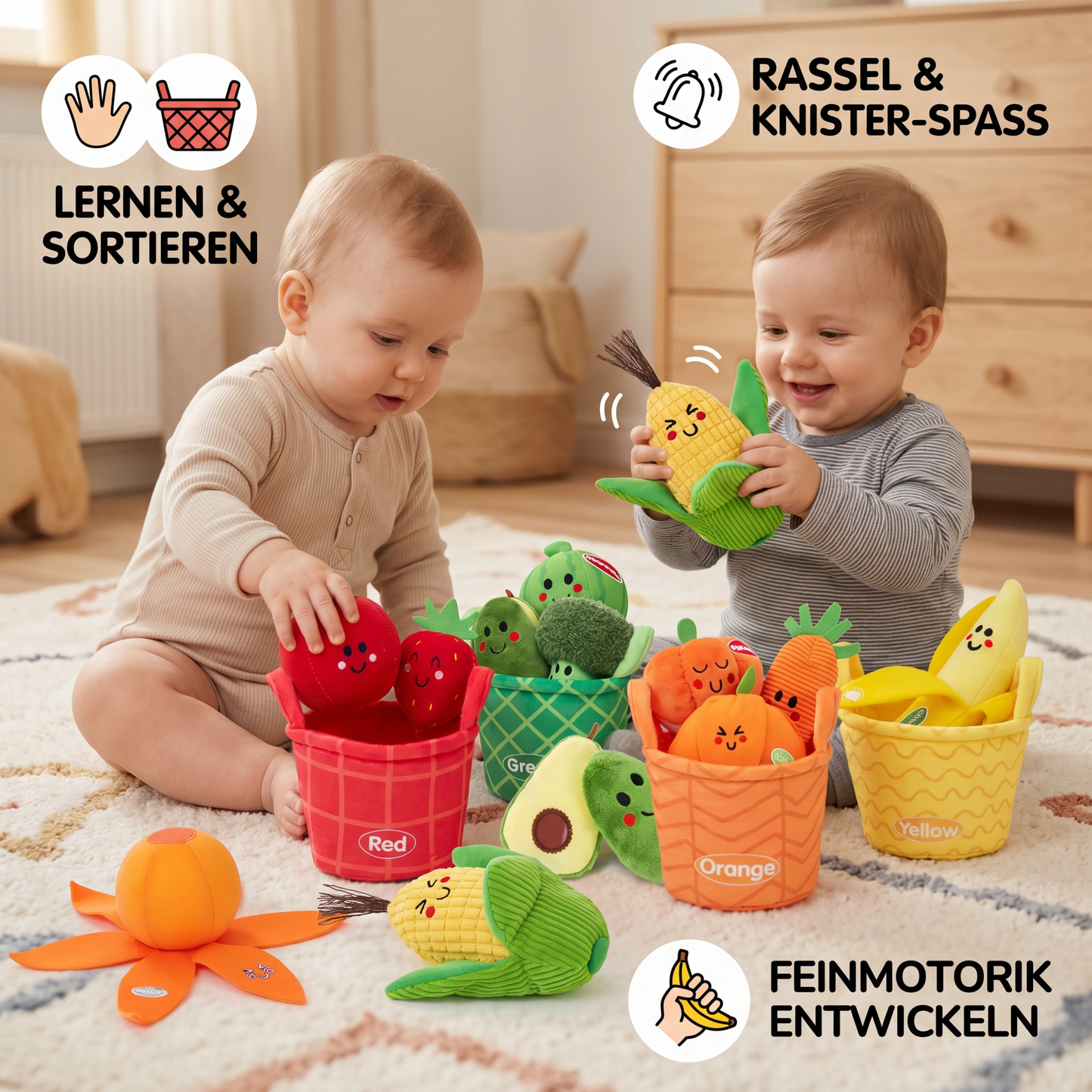 Weiches Obst- & Gemüse-Lernspiel für Babys – 4er Farb-Sortier-Set mit Rassel und Knistereffekt